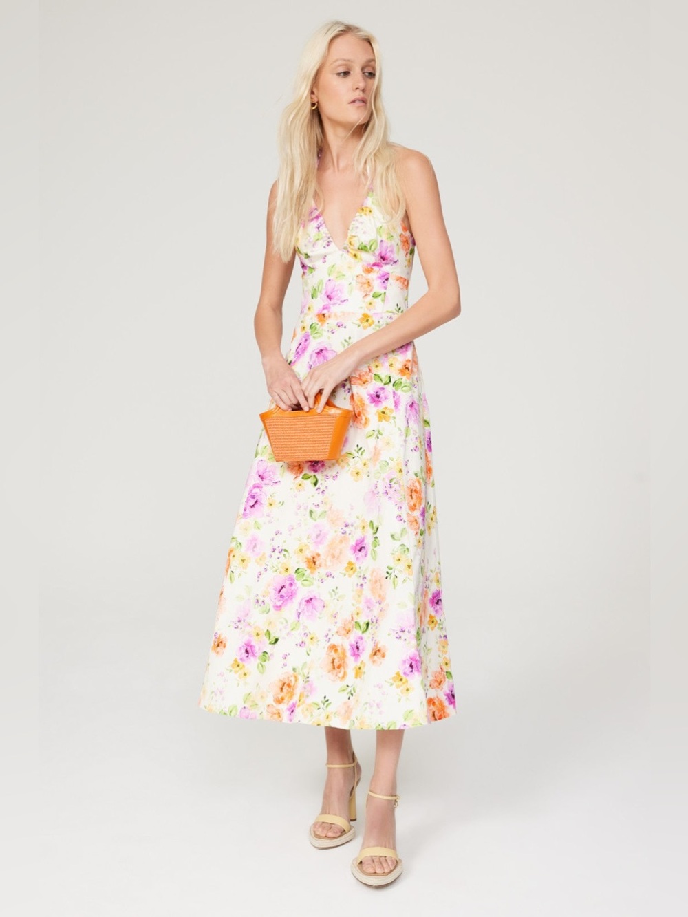 Favorite Daughter White Floral Midi Dress with Pink & Orange Blooms